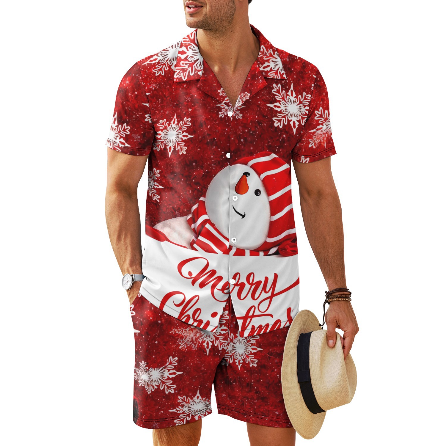 Transfronterizo 2025 nuevo estilo Amazon europeo y americano patrón de nieve cuello cubano camisa de manga corta pantalones cortos traje MB34 MA04