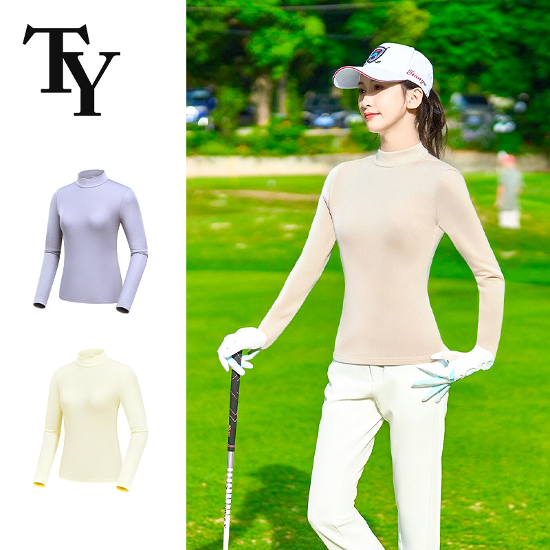 Ty Golf Half-High Collar Thin Fleece Base Layer Shirt for Women, Autumn and Winter Style, Solid Color Fleece-Lined Warm Long-Sleeve Sports Top
