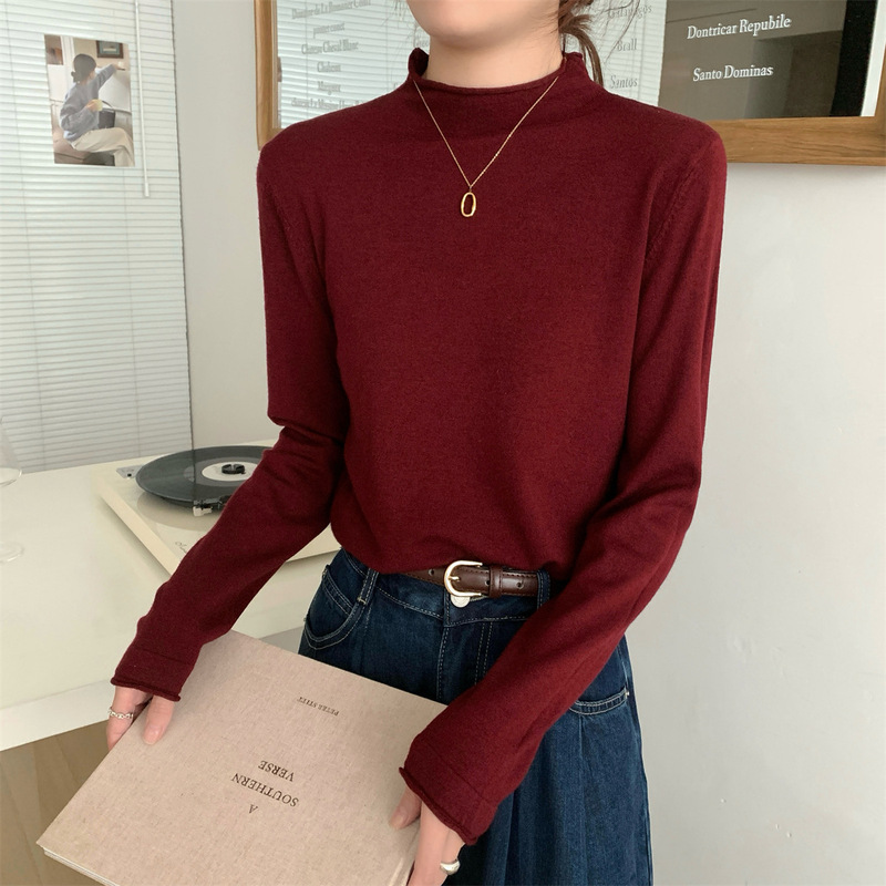 韩版基础款圆领卷边针织衫打底女早秋慵懒风毛衣长袖软糯内搭上衣|undefined