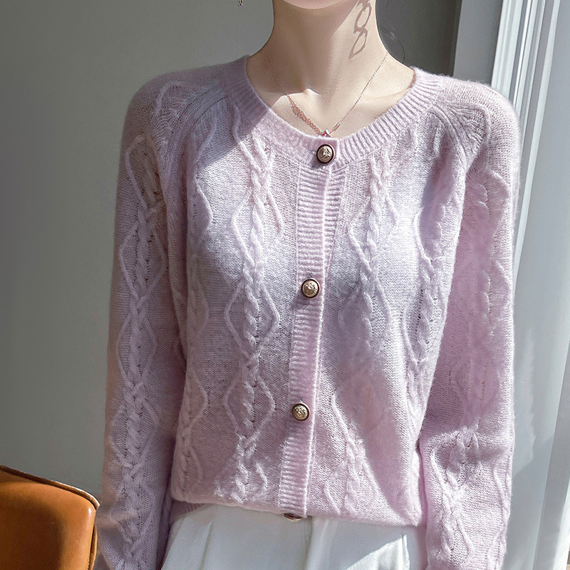 Cashmere Cardigan Round Neck Jacquard Design Elegant Commuter Style Women's Mulberry Silk Twisted Sweater Jacket