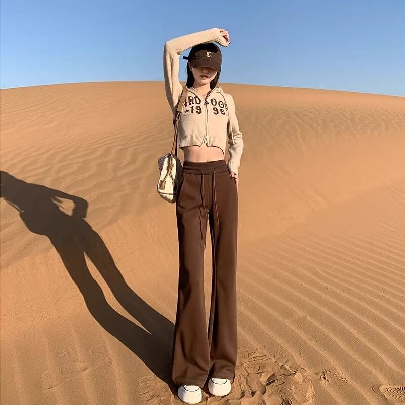 Women's high-waisted flared sports pants, new autumn and winter style, fleece-lined, slim-fit, casual bell-bottom pants Women's high-waisted flared sports pants, new autumn and winter style, fleece-lined, slim-fit, casual bell-bottom pants