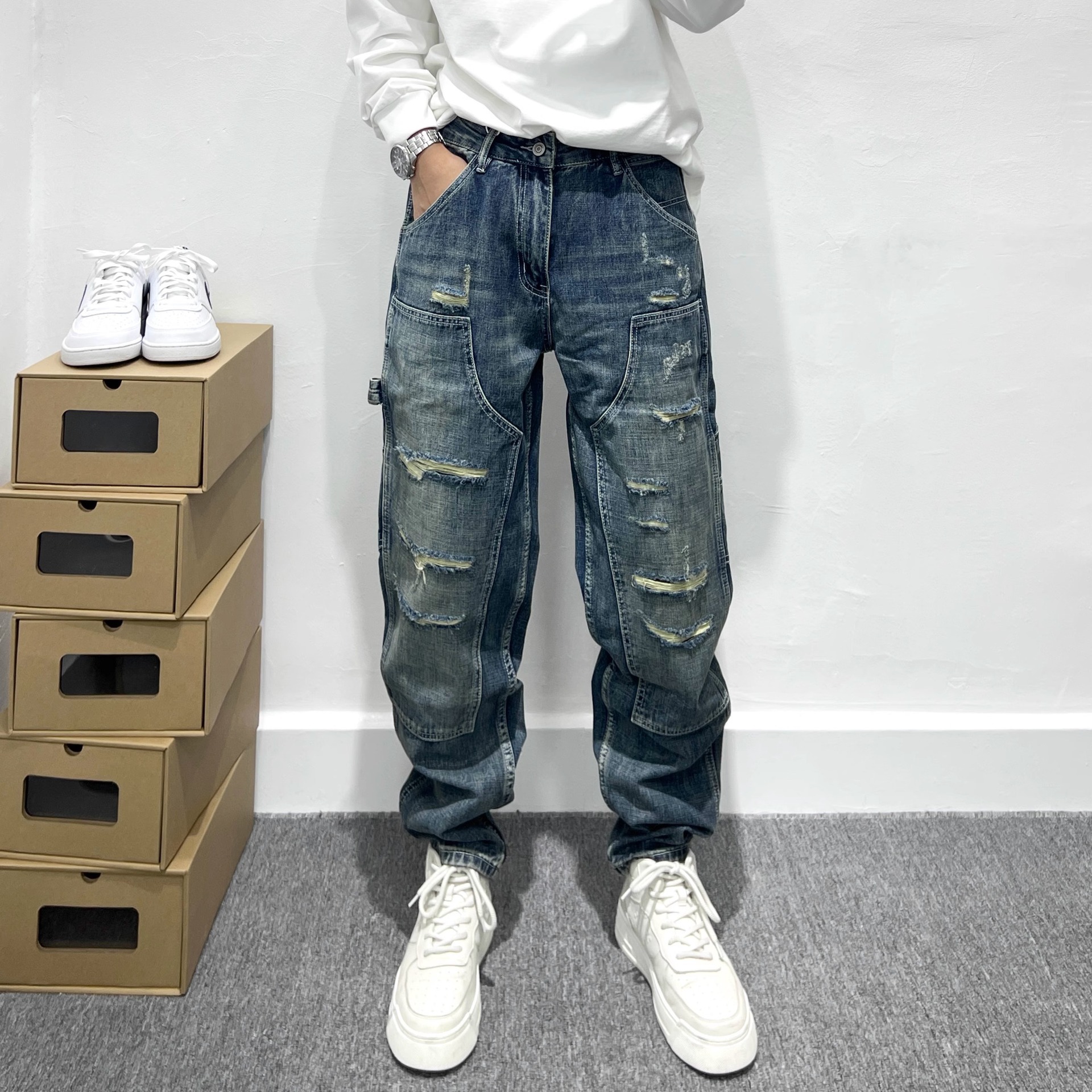 潮牌复古重磅破洞工装牛仔裤男美式高街宽松小直筒长裤男锥形裤子