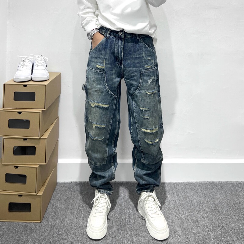 Trendy Brand Retro Heavy Ripped Tooling Jeans Men's American-style High Street Loose Small Straight Pants Men's Tapered Pants