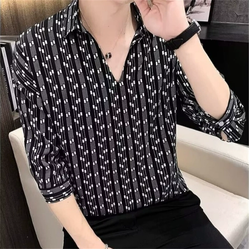 Мужская рубашка с цветочным принтом и V-образным вырезом, модный бренд высокого класса, красивая мужская рубашка с рукавом три четверти, летний тонкий эластичный топ из ледяного шелка.