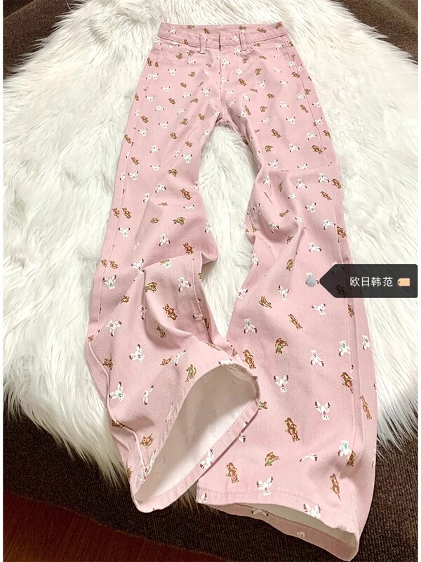 Dopamine Girls Pink Bear Print Jeans Women's Summer plus size High Waist Loose Wide Leg Micro Horn Pants