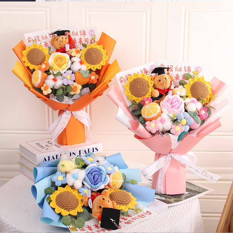 College Entrance Exam Gift, Handmade Knitted Sunflower Bouquet, Coming-Of-Age Ceremony Gift for Men and Women, 18Th Birthday Gift, Finished Product