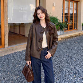 设计质感蝴蝶结PU皮衣女外套2026春秋收腰圆领上衣机车服皮夹克