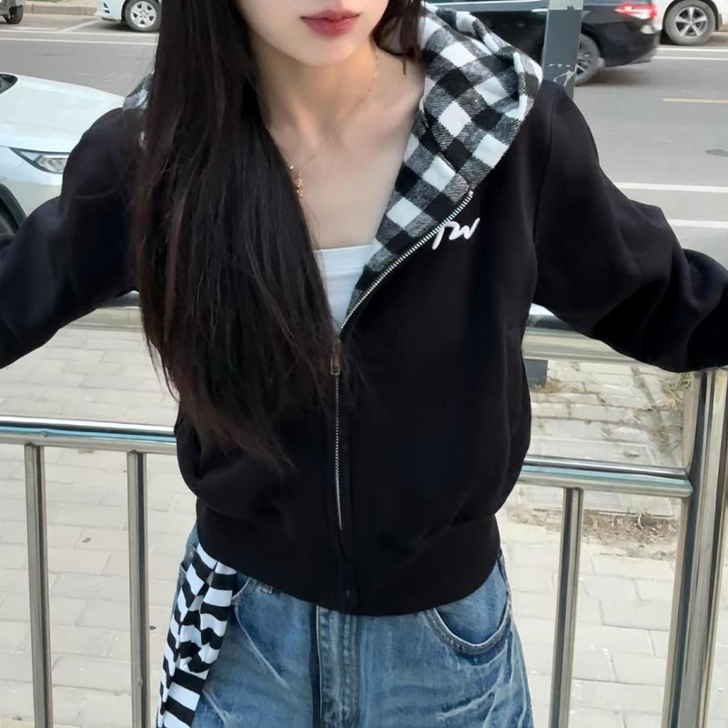 美式复古黑白格子拼接连帽卫衣女秋冬新款宽松慵懒风开衫短款外套|undefined
