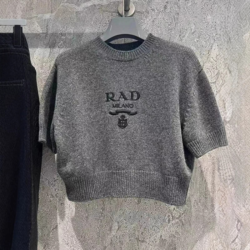 Sophisticated Quality Gray Short-Sleeve Knitwear for Women, Loose Cashmere Wool Embroidered Badge Thin Knitwear Short Top