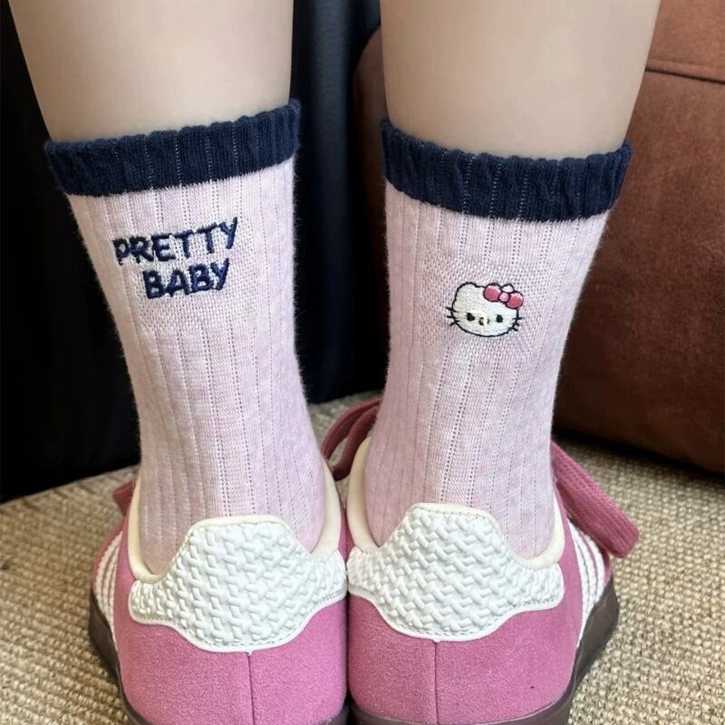 韩版KT猫袜子女日系卡通AB刺绣撞色猫咪字母中筒袜小众甜美堆堆袜|undefined
