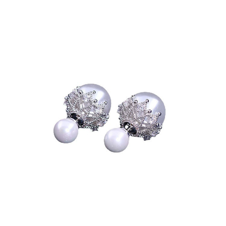  серебряная игла из жемчуга, двусторонние серьги, цирконий, проба серебро 925, корейский стиль, простой и элегантный дизайн, микро инкрустация