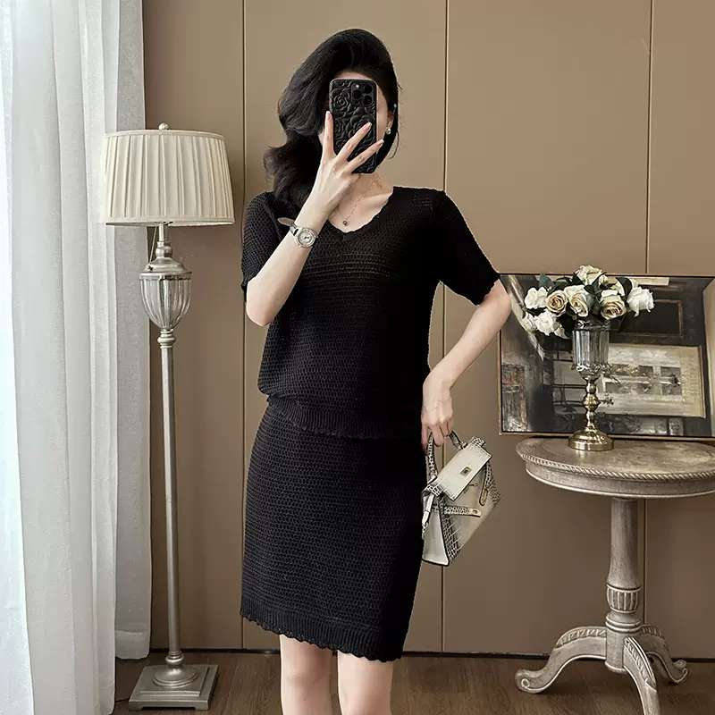 时尚休闲套装女夏季小香风黑色宽松短袖上衣半身裙针织两件套装裙