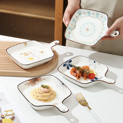批發日式餐具機印釉下彩陶瓷8寸單柄烤盤家用牛排盤子創意個性