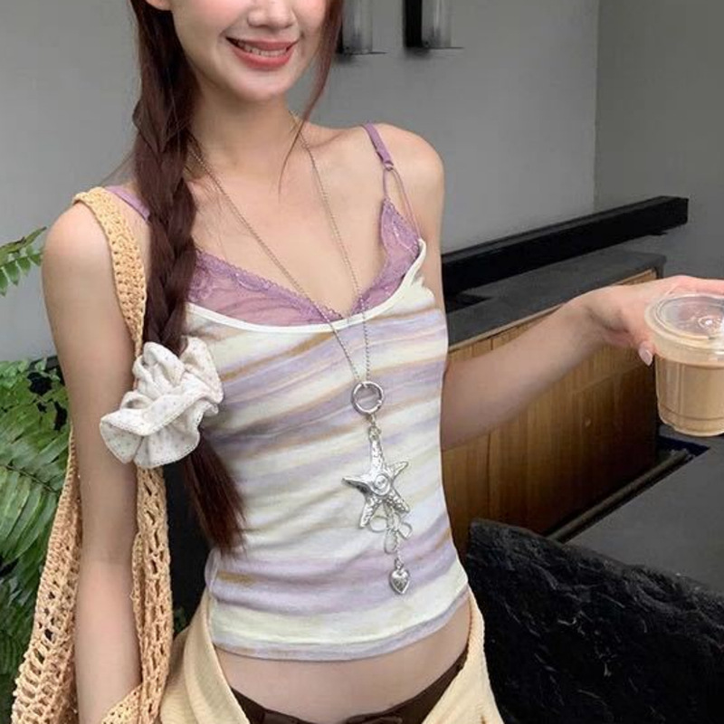 Summer Adjustable Camisole Women's New Backless Outer Wear Inner Wear Hot Girl Lace Striped Sleeveless Top for Women