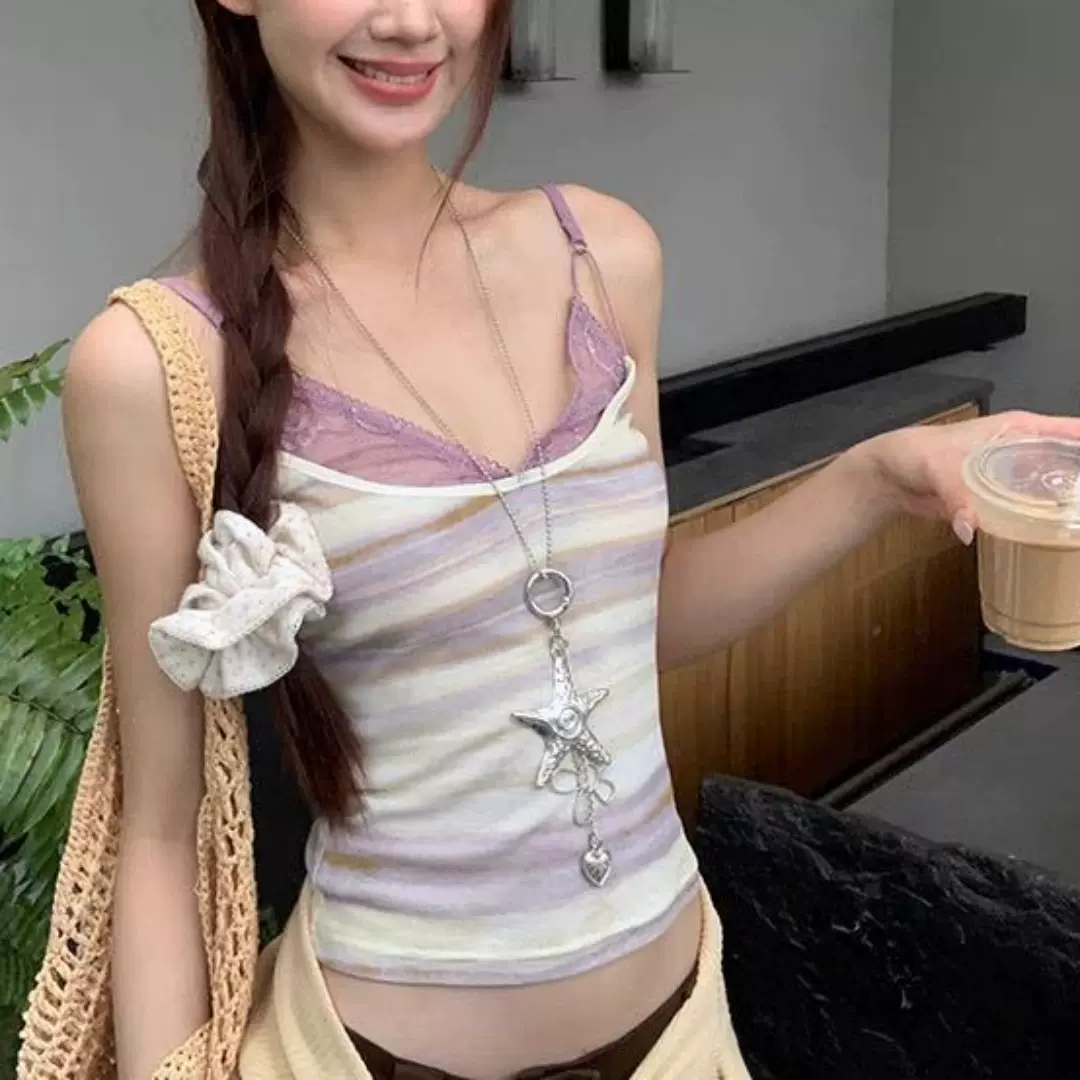 夏季可调节吊带背心女新款露背外穿内搭辣妹蕾丝条纹无袖上衣女