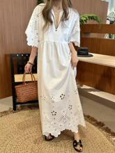 2025年夏季新款重工镂空刺绣宽松减龄娃娃领V领喇叭袖连衣裙法式