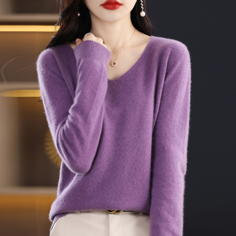 Women's knitted sweater for first-line clothing new V-neck pullover loose solid color long sleeve 100 wool bottoming shirt