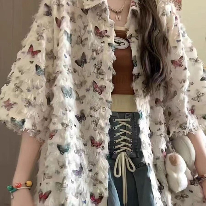 Summer Thin Korean-Style Chic Unique Short-Sleeve Shirt for Women with Artistic Floral Polo Collar Design Summer Thin Korean-Style Chic Unique Short-Sleeve Shirt for Women with Artistic Floral Polo Collar Design