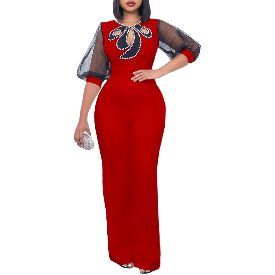 D3183 ropa de mujer de comercio exterior 2023 Verano manga corta puff manga larga cuentas sexy cintura de pierna ancha más tamaño mono transfronterizo