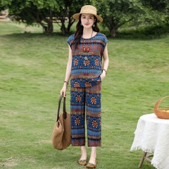 綿シルクスーツ、夏用薄手中高年女性のファッショナブルでスタイリッシュな母親のホームウェアパジャマ2点セット、屋外で着用可能