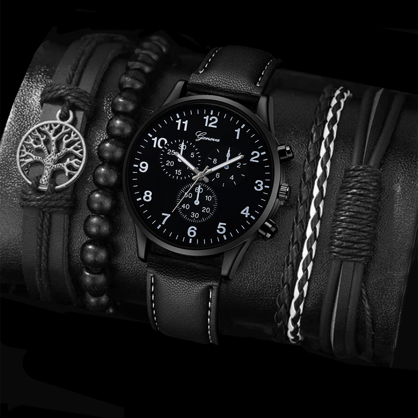 新しい外国貿易の爆発の男性の3つの目のビジネスのレジャーのファッションの潮流のベルトの石英の腕時計は編みのブレスレットをプラスします。