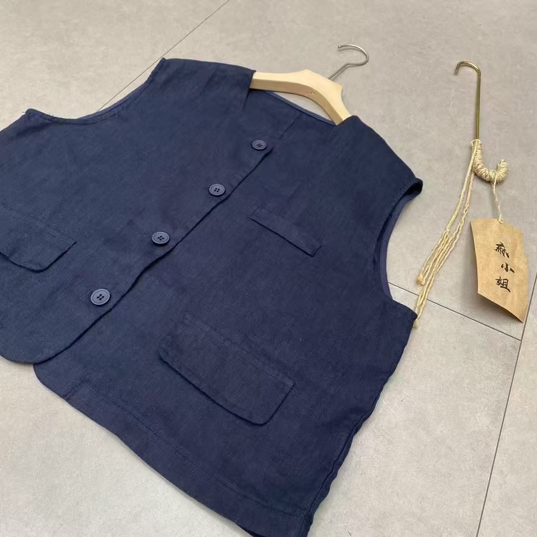 2025 Summer Korean Style Loose Fashion Hemp Single-Breasted Solid Color Vest Versatile Casual Sleeveless Top for Women 261018