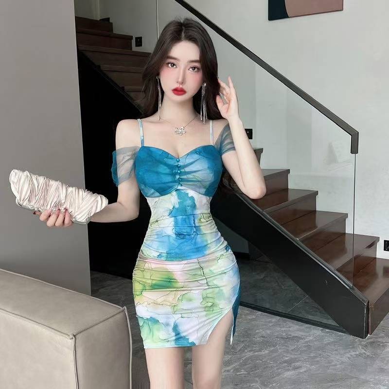 Pure Desire Mesh Off-Shoulder Mini Dress with Printed Skirt, Pink One Size — detail image 1