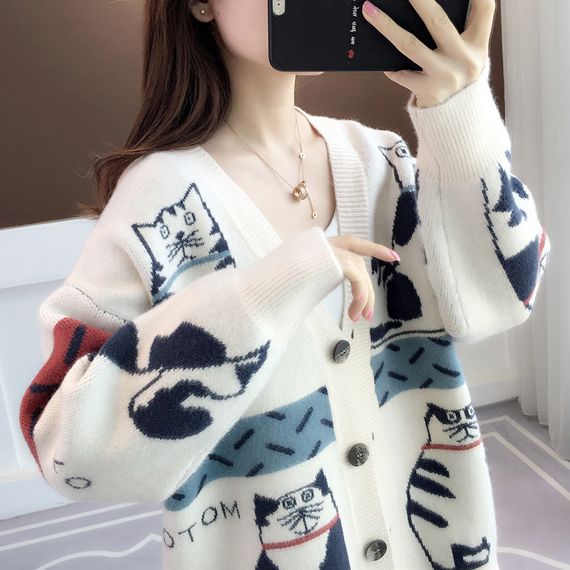 2023 Otoño e Invierno Nuevo suéter exterior de estilo perezoso suelto de las mujeres de estilo coreano con cuello en V gato de dibujos animados de punto Chaqueta de punto