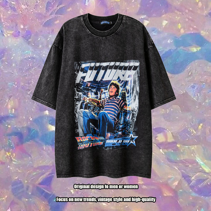 American Style High Street Retro Fashion Brand Printed Loose Old Washed Loose Short-sleeved T-shirt Men's vintage Antique