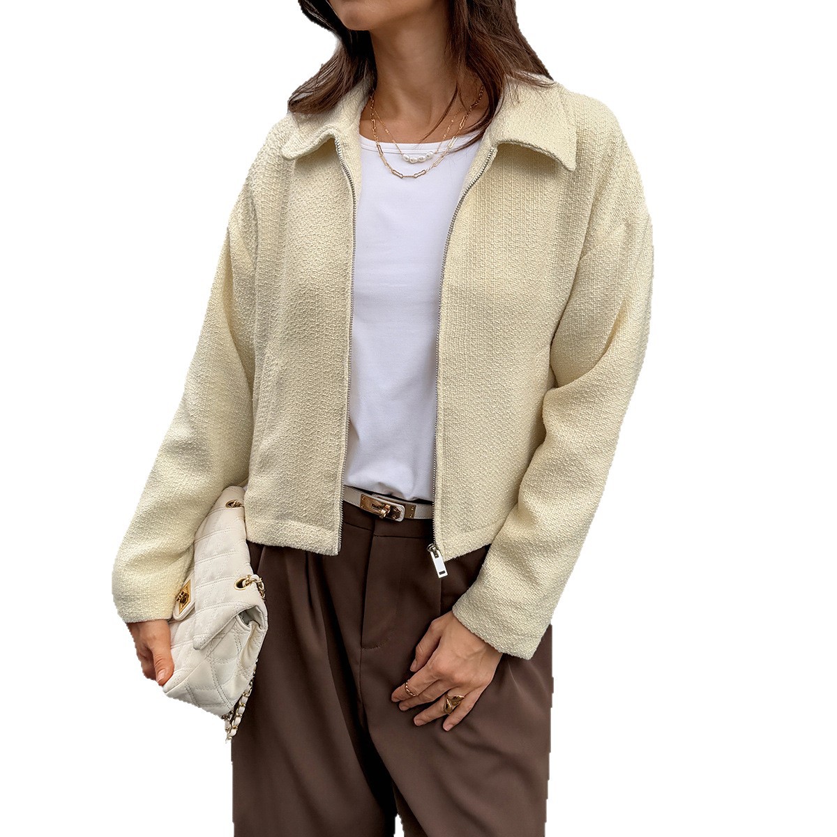 Women's Casual Long Sleeve Jacket – Lightweight Wrinkle-Free Coat With Stand Collar & Zip Front (S-XL, Beige)_ecoleips.com