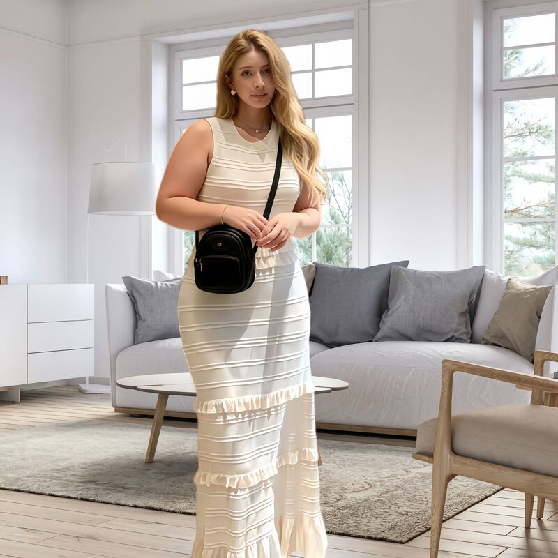 French-Style S Brand 2026 Spring/Summer New Striped Knit Sweater + Long Sleeveless Dress Slim-Fit Ruffle Edge Set