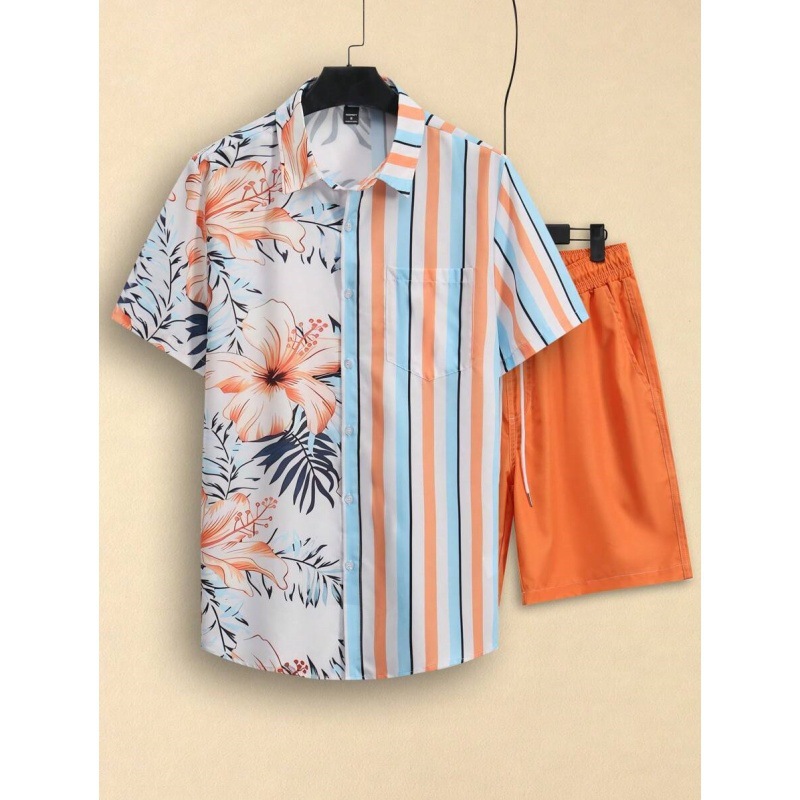 2025 Cross-Border Summer Shirt Set Summer Printed Casual Men's Sports Shorts Floral Casual Sports Suit
