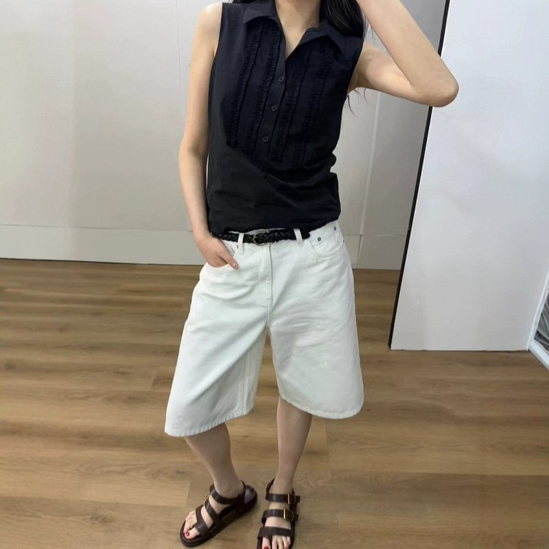 Lace Pleated Half-Open Collar Lightweight Casual Elastic Adjustable Cotton Shirt Vest