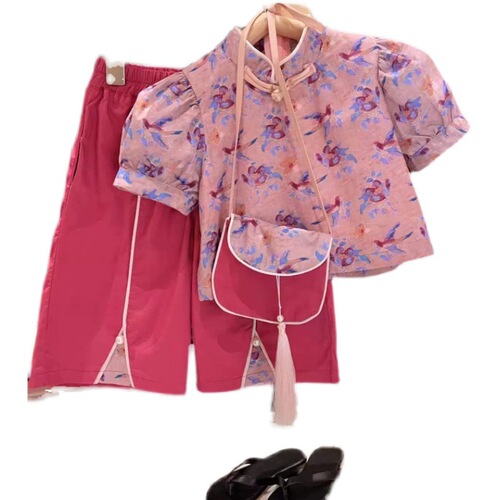 2024 Summer Collection New Korean Style Fashion Children's National Style Collar Puff Short Sleeve Cheongsam Top Wide Leg Pants Two-Piece Set
