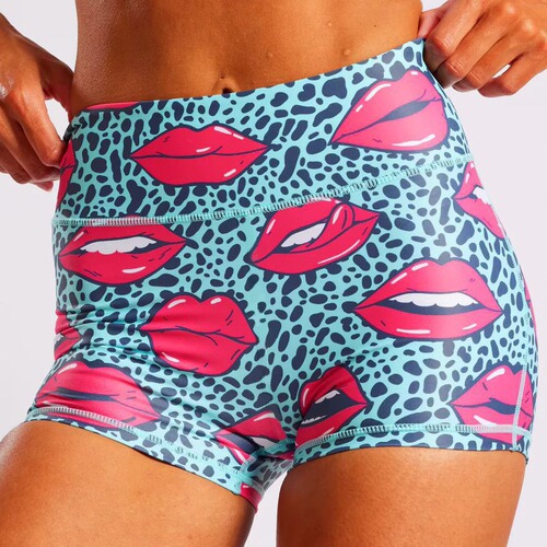 Cross-border foreign trade color printed dopamine sports fitness three-point shorts yoga wear elastic slimming belly and hip lift