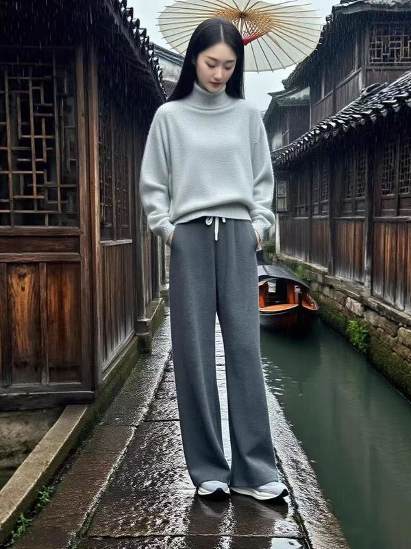 秋冬加厚加绒直筒垂感阔腿裤高腰显瘦长裤羊绒休闲裤|undefined