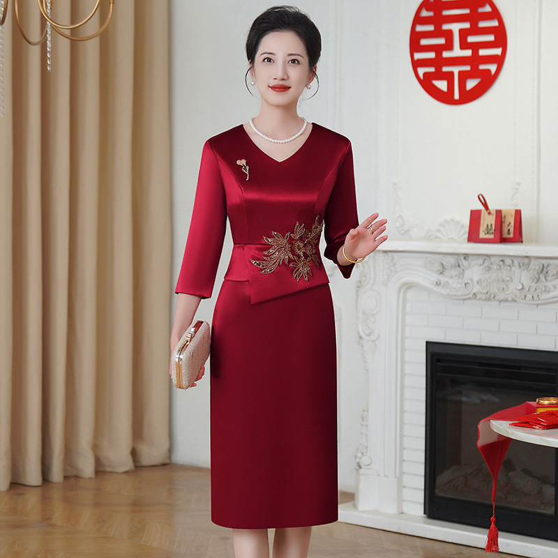 婚礼妈妈婚宴礼服喜婆婆装敬酒夏装新款连衣裙修身显瘦红色连衣裙|undefined