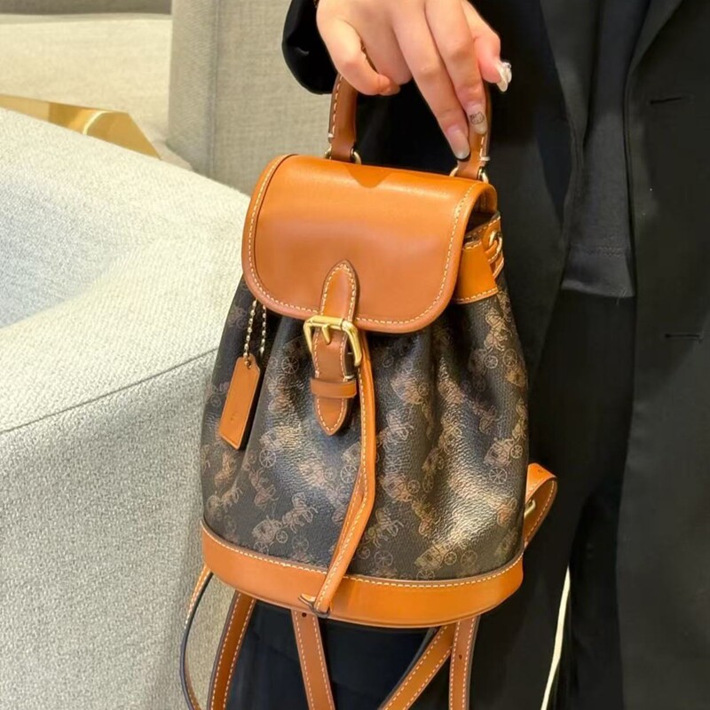 Kou 2025 Spring and Summer New Harper Backpack Retro Carriage Classic Drawstring Printed Flip Small Backpack for Women