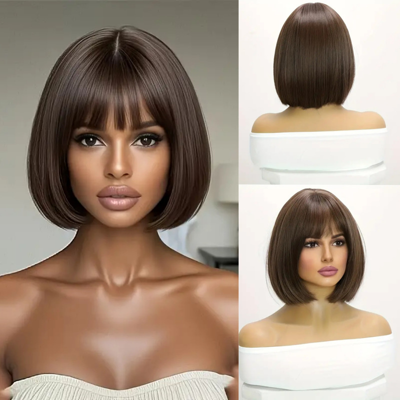 European and American Fashion New Dark Brown Short Straight Hair Bob Fashion Age-Reducing Natural Simulation Full Head Wig