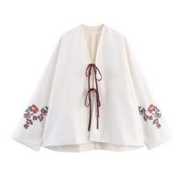 外贸女装亚麻喇叭袖和服式上衣秋宽松长款小众时尚感系带刺绣外套