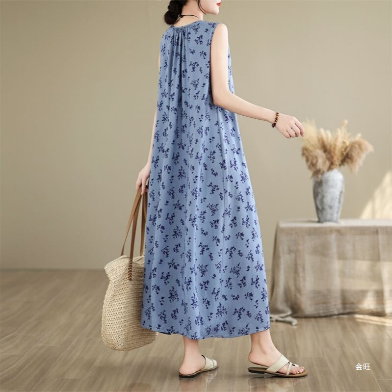 Summer French-Style Spaghetti Strap Long Dress Ankle-Length for Women, Extended Version with Floral Print, Tall and Extra-Long Artificial Cotton Silk Dress Summer French-Style Spaghetti Strap Long Dress Ankle-Length for Women, Extended Version with Floral Print, Tall and Extra-Long Artificial Cotton Silk Dress