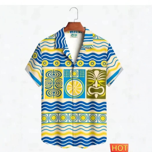 Men's Retro Tiki Hawaiian Shirt Classic Colorful Wave and Tribal Mask Print Casual Short Sleeve Shirt