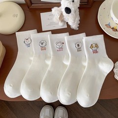 白色袜子女中高筒袜春秋薄款学院风小熊可爱百搭运动卡通潮袜