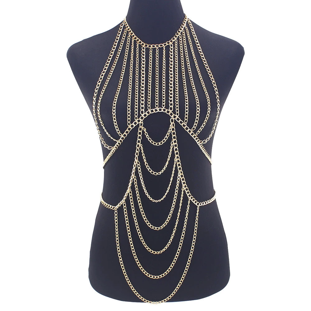Трансграничные ювелирные изделия в Европе и Америке преувеличенные соединенных брюшных грудных цепей женские сексуальные металлические многослойные аксессуары с бахромой