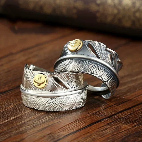 Open Feather Ring Silver Plated Takahashi Wulang Couple's Handmade Fashionable Ring for Men and Women