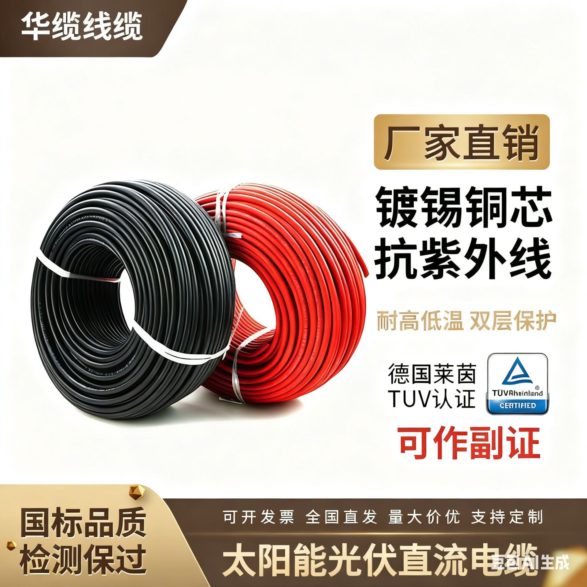 光伏电缆太阳能发电用PV1-F2.5 4 6平方双层护套直流电线镀锡铜