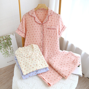 Women's Short-sleeved Pants Summer Thin Lapel Pajamas Set Cotton Crepe Loose Comfortable Breathable Home Underwear Set
