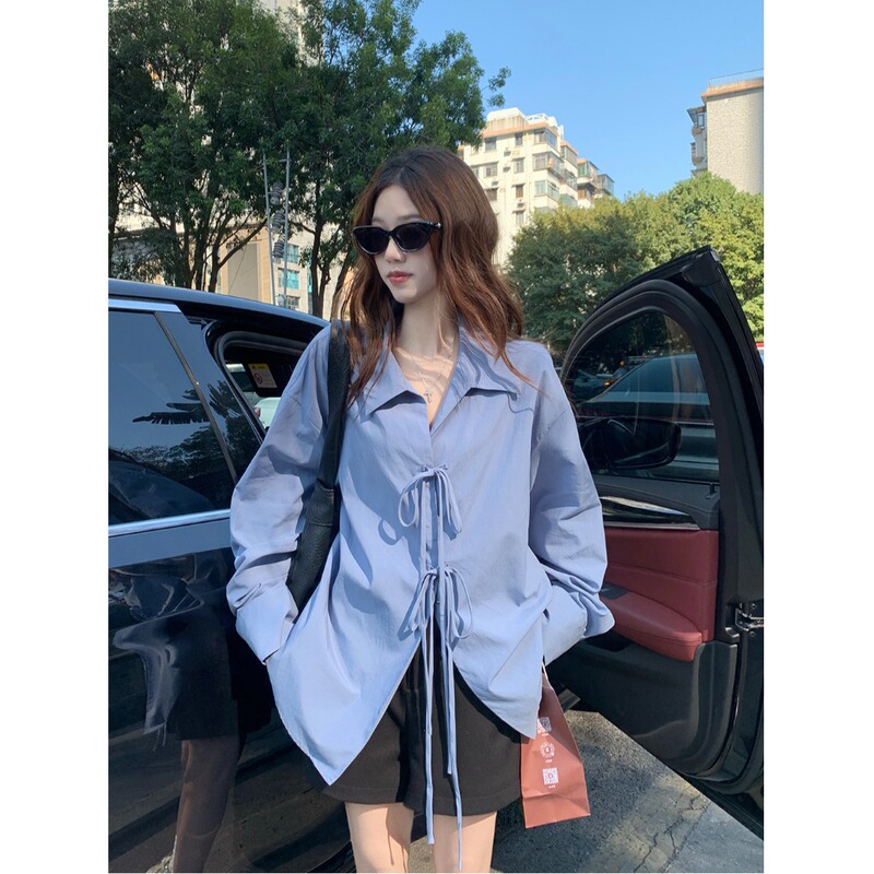 Tencel Lyocell Cotton Bow Lace-up Long-sleeved Shirt Women's Spring and Autumn Casual Loose Lapel Mid-length Top