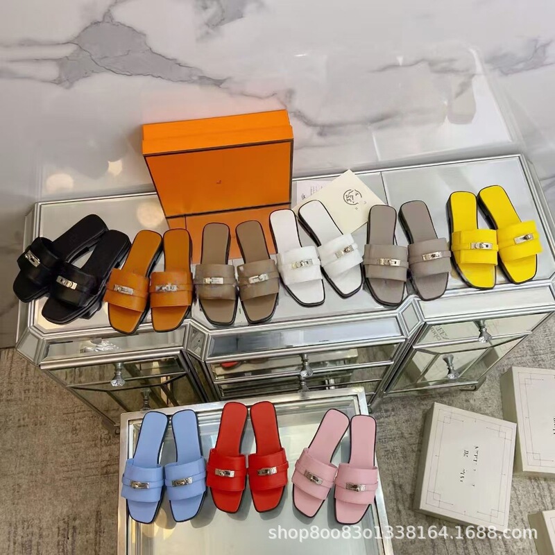 High-End Foreign Trade Version of H Brand Flat Slippers with Metal Buckle Kelly Lock Design, Women's Slippers, Factory Direct Sales