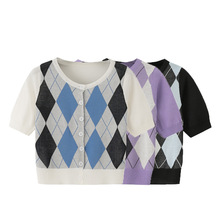 2025实拍夏季新款拼色菱格开衫短款上衣修身短袖针织衫女 JR2340